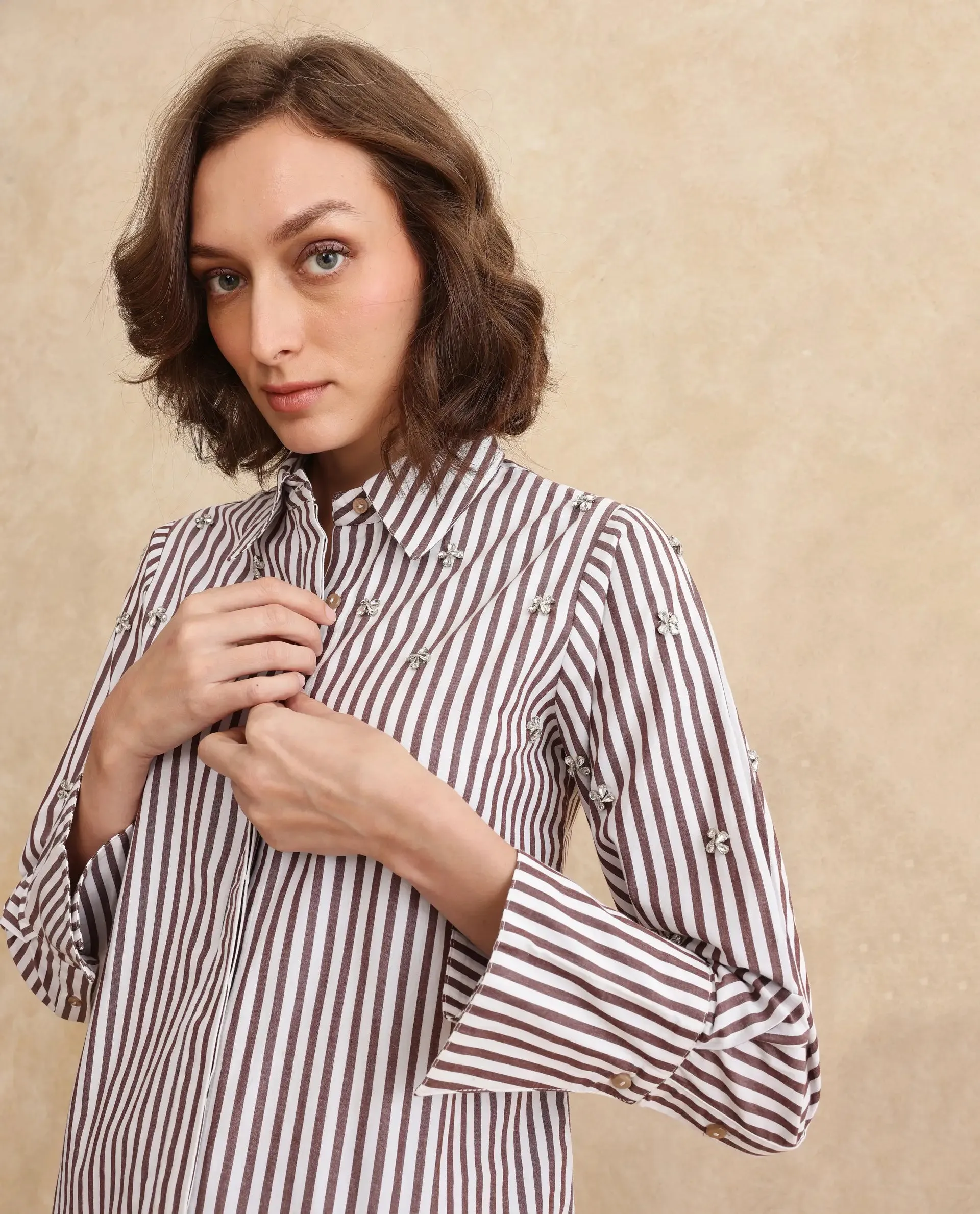 Rareism Women Fitto Rust Cotton Fabric Cuffed Sleeve Collared Neck Button Closure Narrow Stripes Shirt