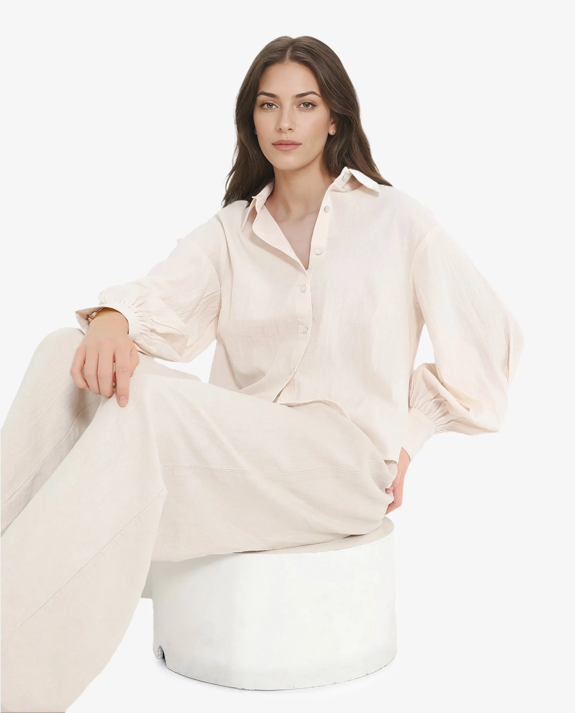 Rareism Women Molfetta Light Off White Bishop Sleeve Collared Neck Plain Shirt