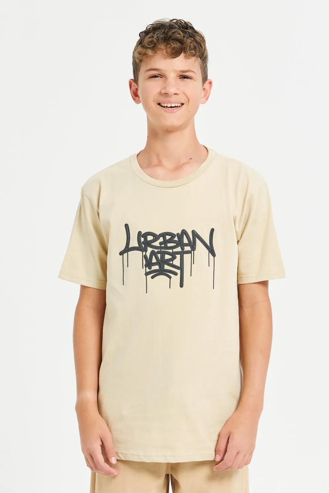 Senior Boys Beige Urban Print T-Shirt