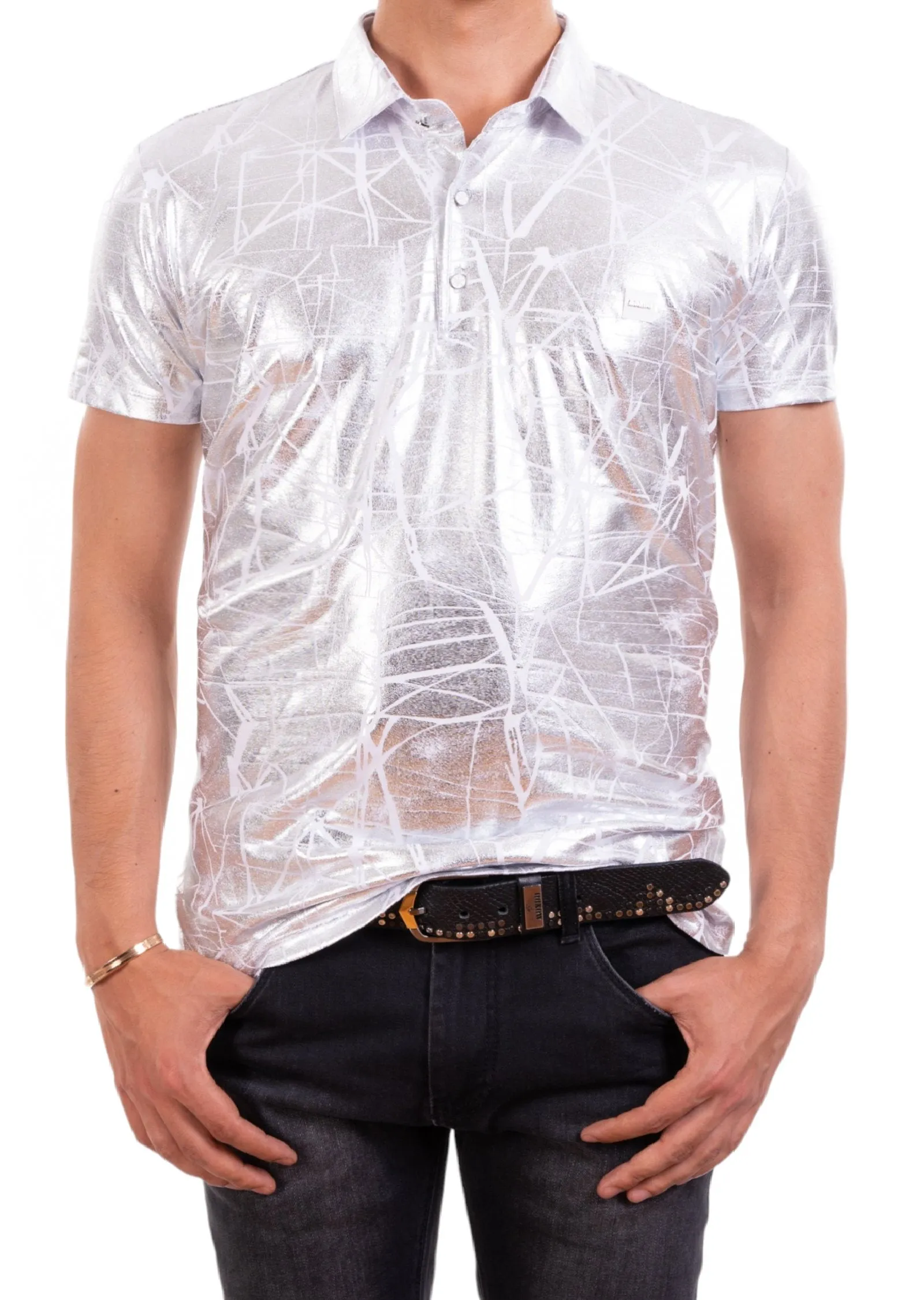 Silver Foiled "Mirror" Knit Polo