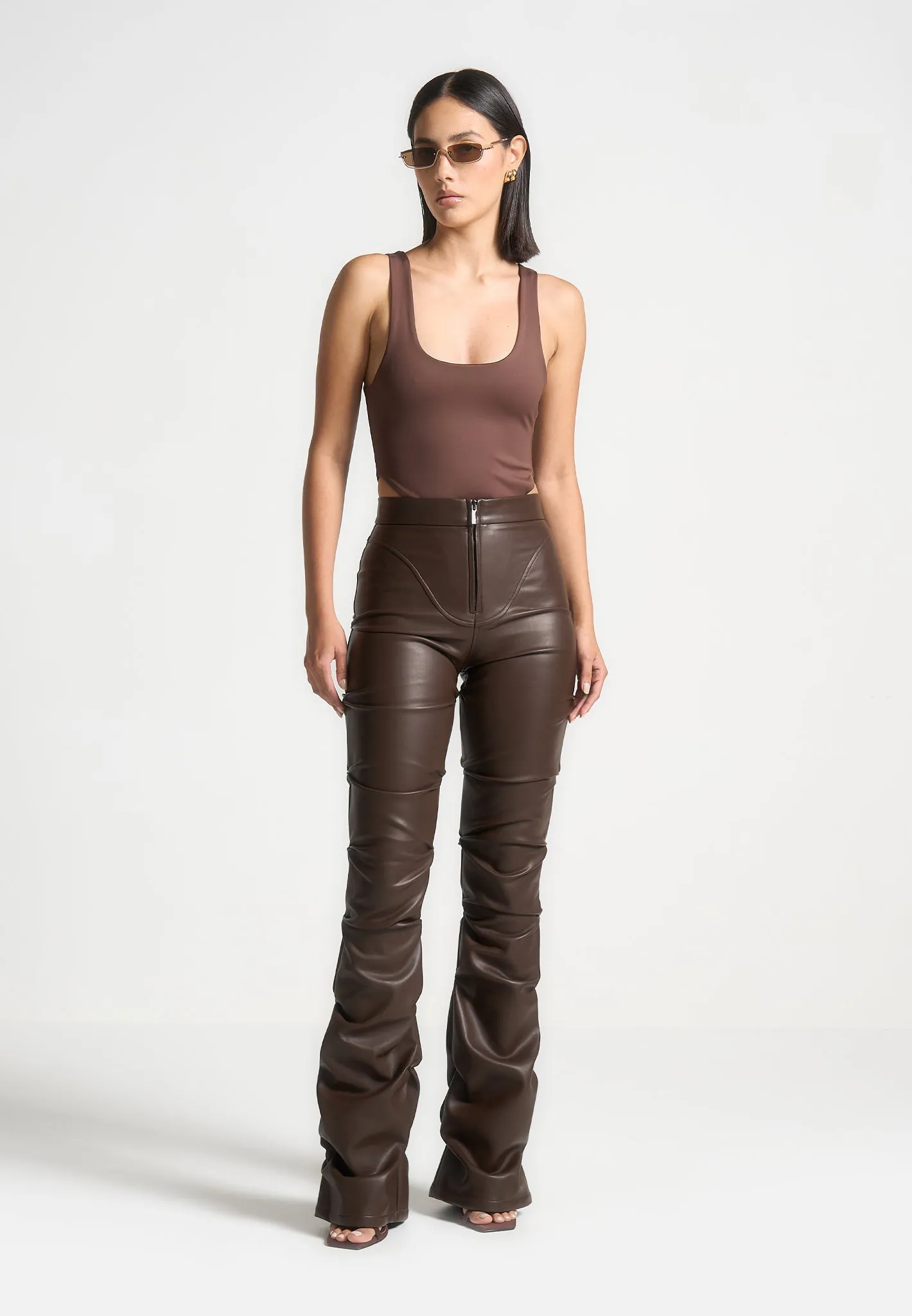 Tacked Leather Flared Trousers - Brown