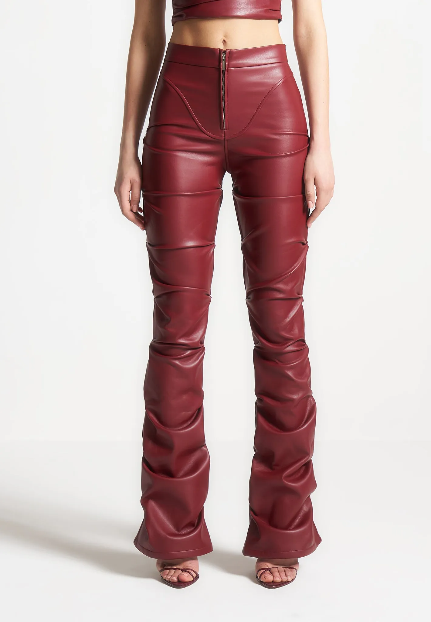 Tacked Leather Flared Trousers - Wine Red