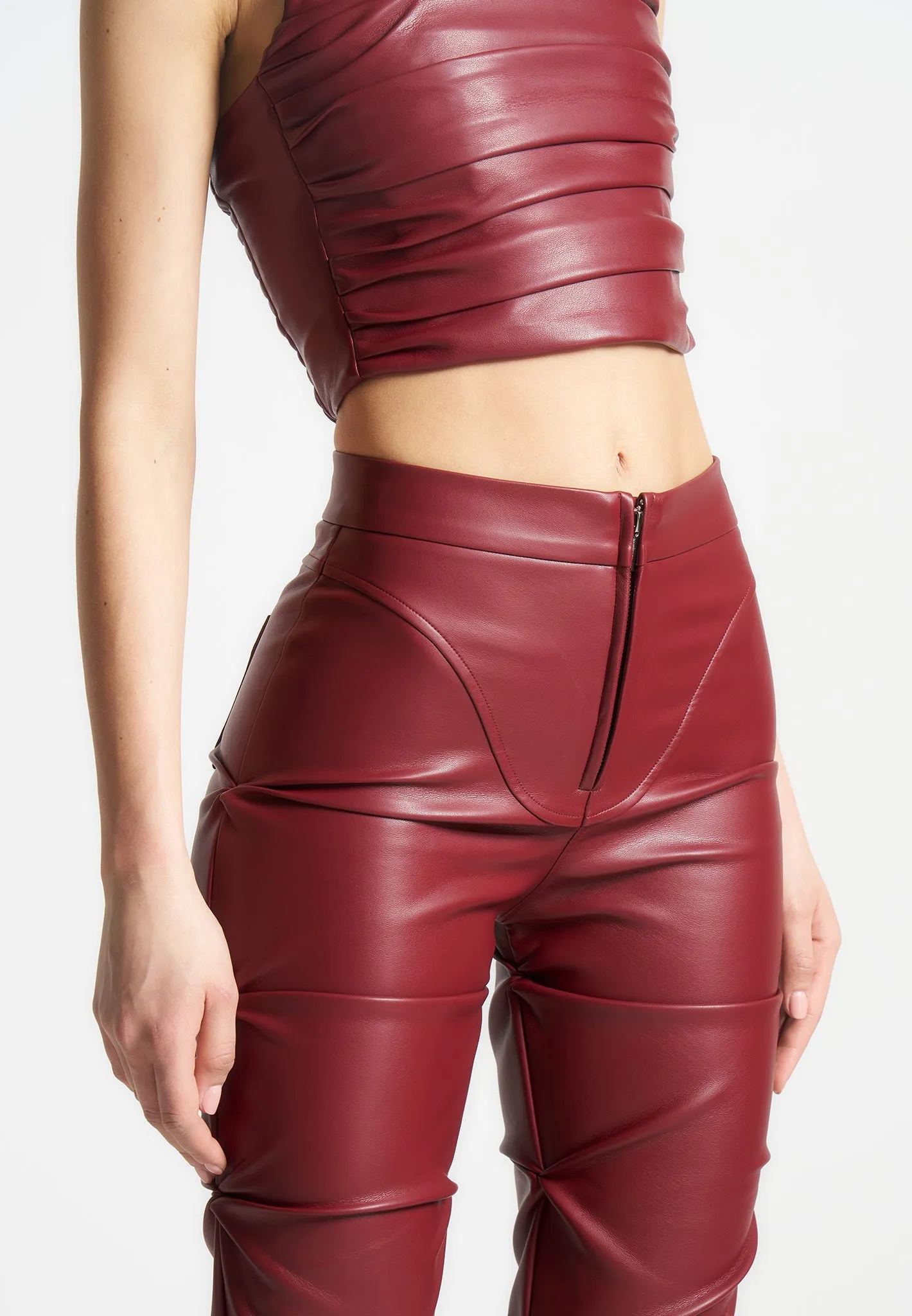 Tacked Leather Flared Trousers - Wine Red