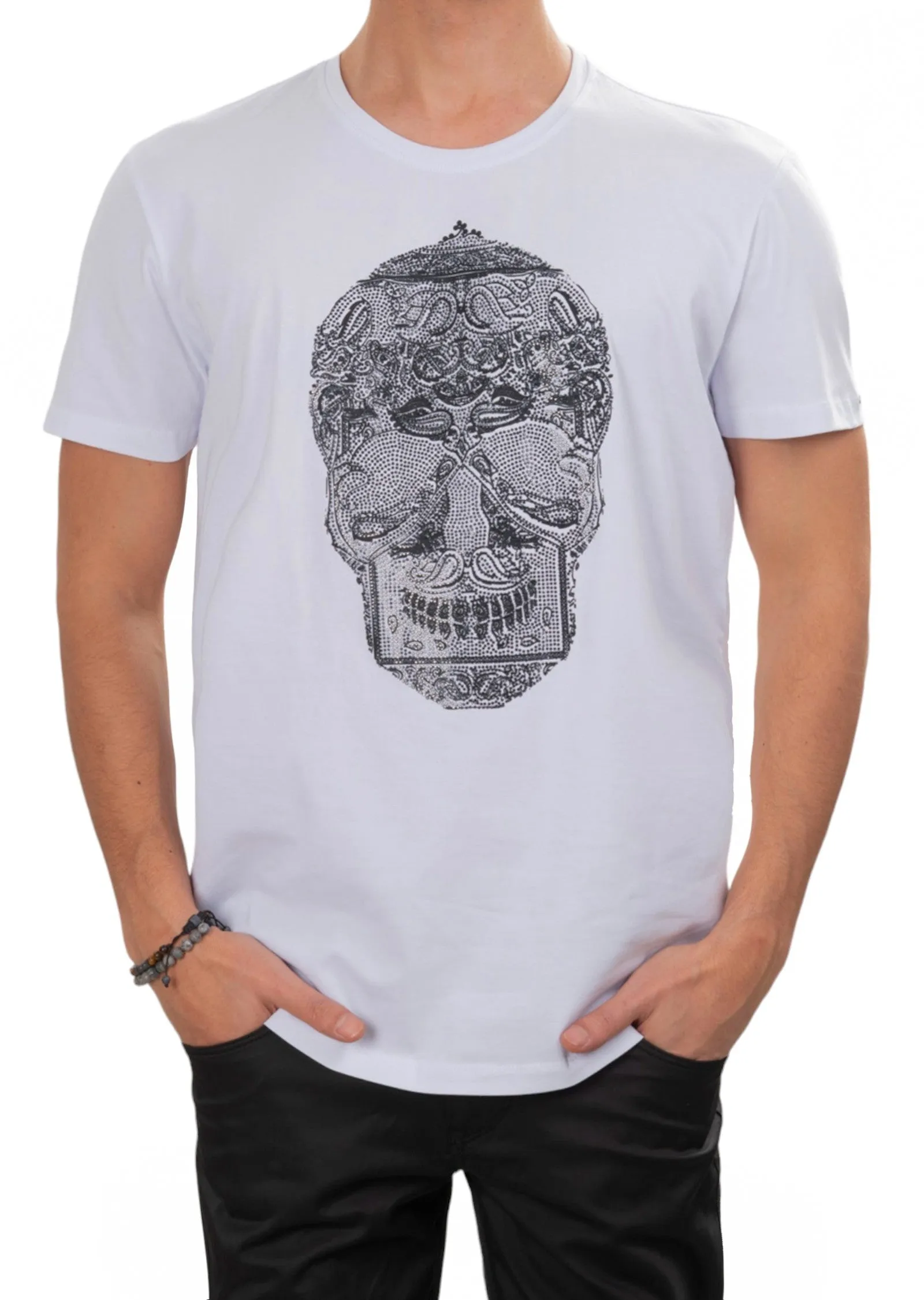 White Bandana Skull Rhinestone Tee