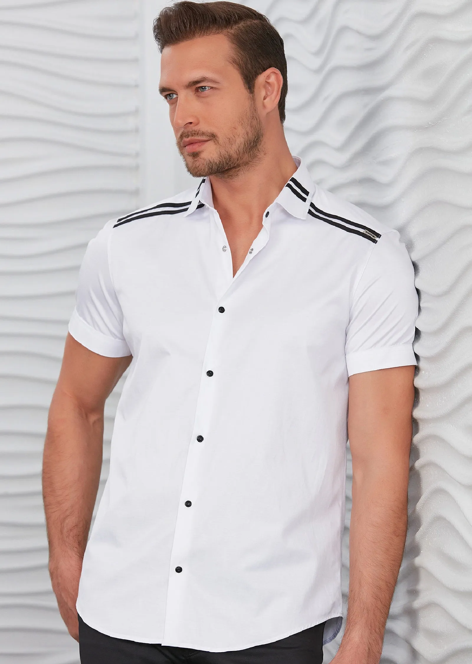 White Double Line Short Sleeve Shirt