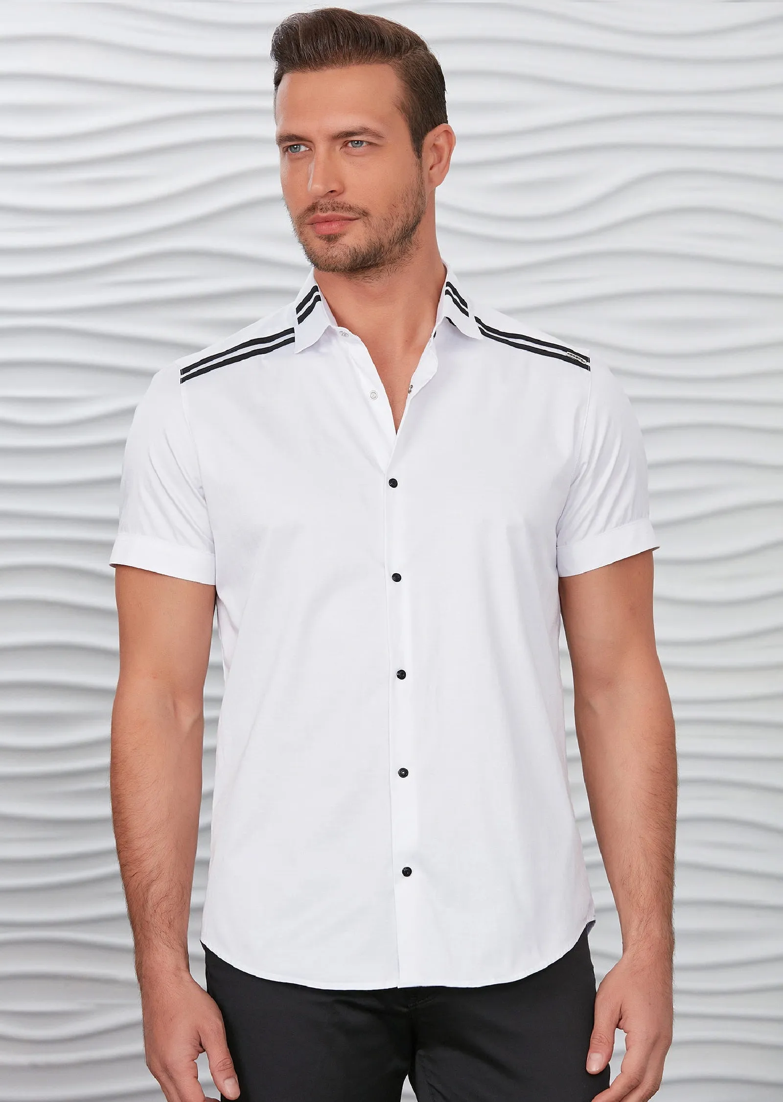 White Double Line Short Sleeve Shirt