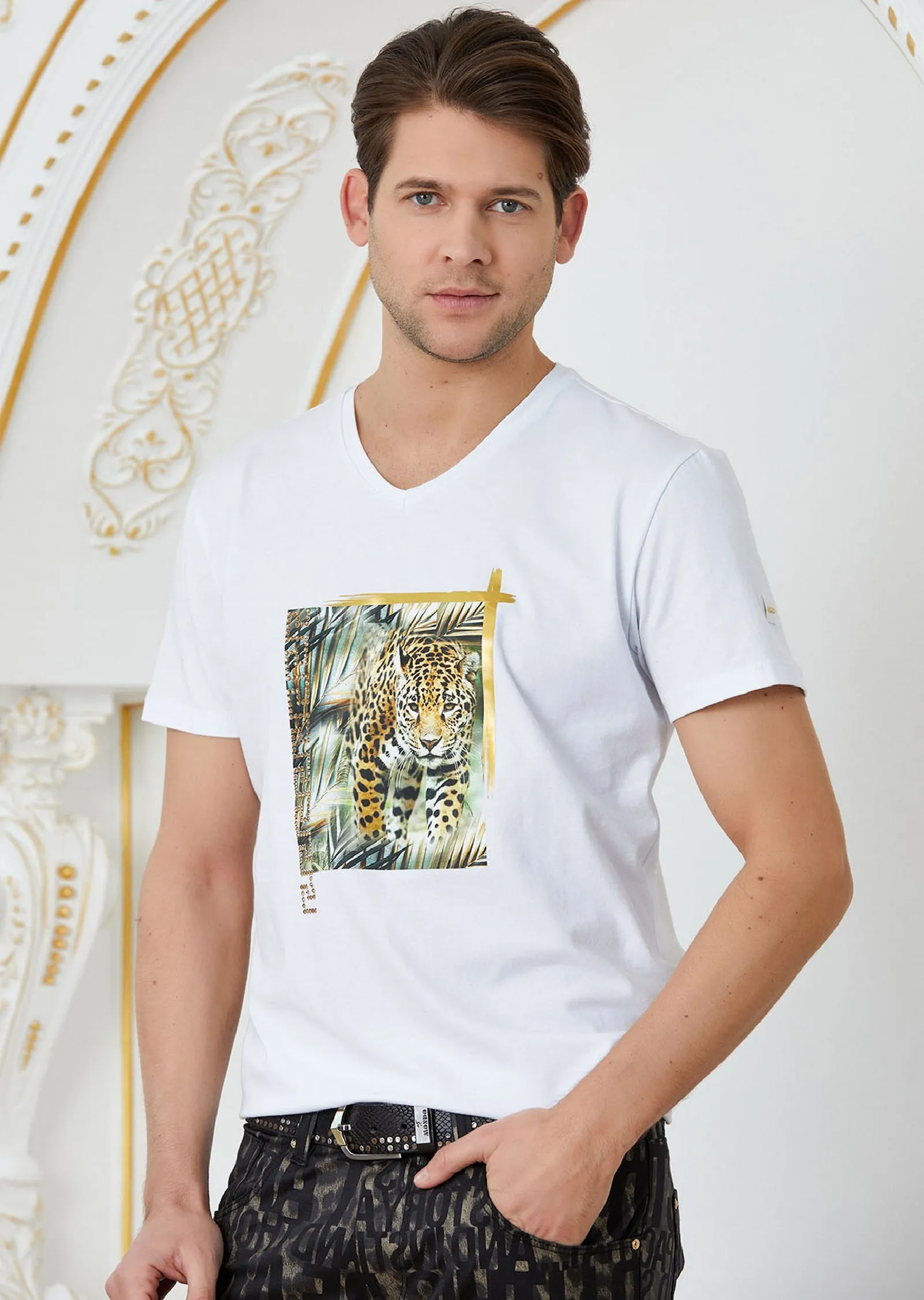 White "Tiger Meander" Rhinestone Tee