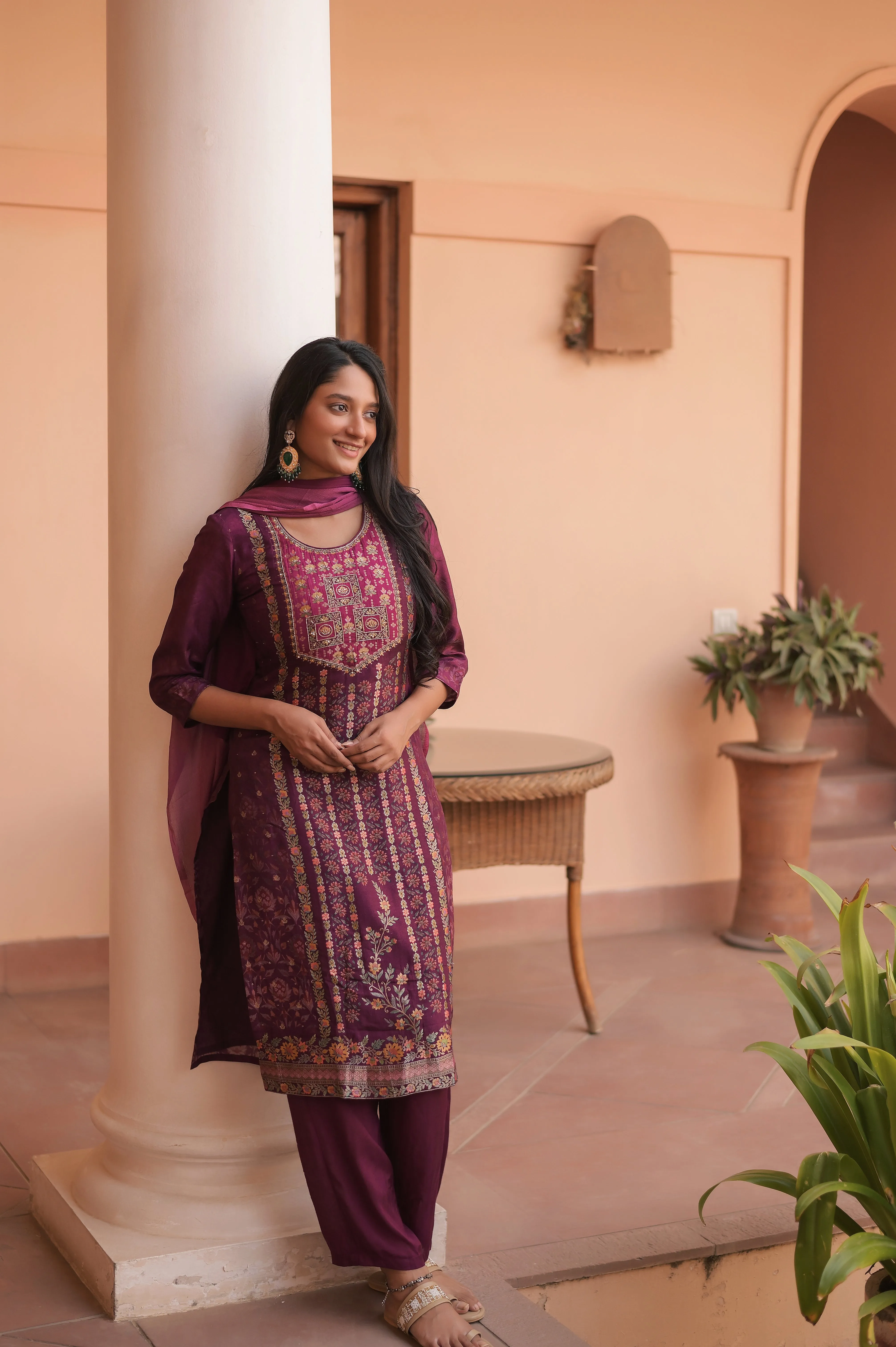 Wine Elegance Embroidered Kurta Set With Dupatta