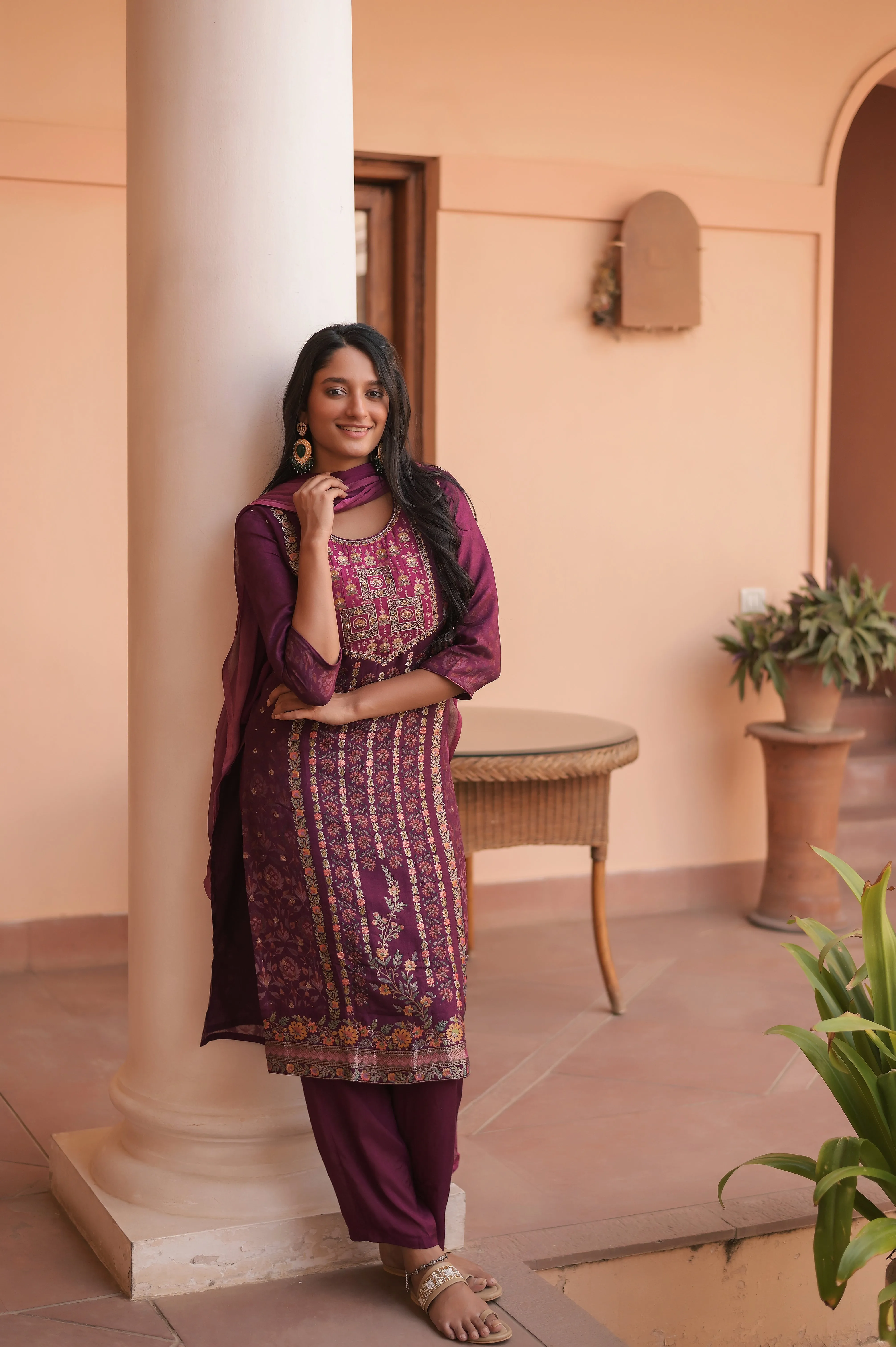 Wine Elegance Embroidered Kurta Set With Dupatta